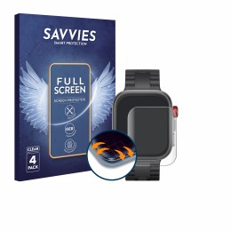 Parte frontal de un envase de producto con el logotipo de la marca Savvies. Al lado se muestra el dispositivo Huawei Watch Fit