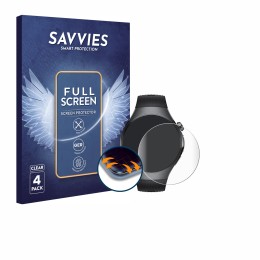Parte frontal de un envase de producto con el logotipo de la marca Savvies. Al lado se muestra el dispositivo Huawei Watch 5 (