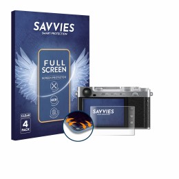 Face avant d’un emballage produit avec le logo de la marque Savvies. À côté, l’appareil Fujifilm X-E5 est représenté avec la p