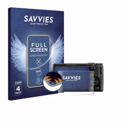 Face avant d’un emballage produit avec le logo de la marque Savvies. À côté, l’appareil Ricoh GR IV 2025 est représenté avec l