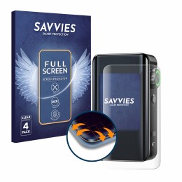 Parte frontal de un envase de producto con el logotipo de la marca Savvies. Al lado se muestra el dispositivo Lost Vape Centau