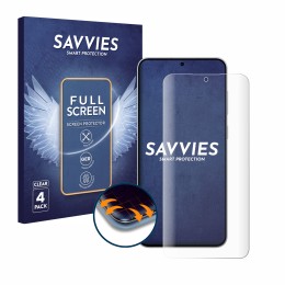 Vorderseite einer Produktverpackung mit dem Markenlogo Savvies. Daneben ist das Gerät Samsung Galaxy S25 FE mit dem zugehörige