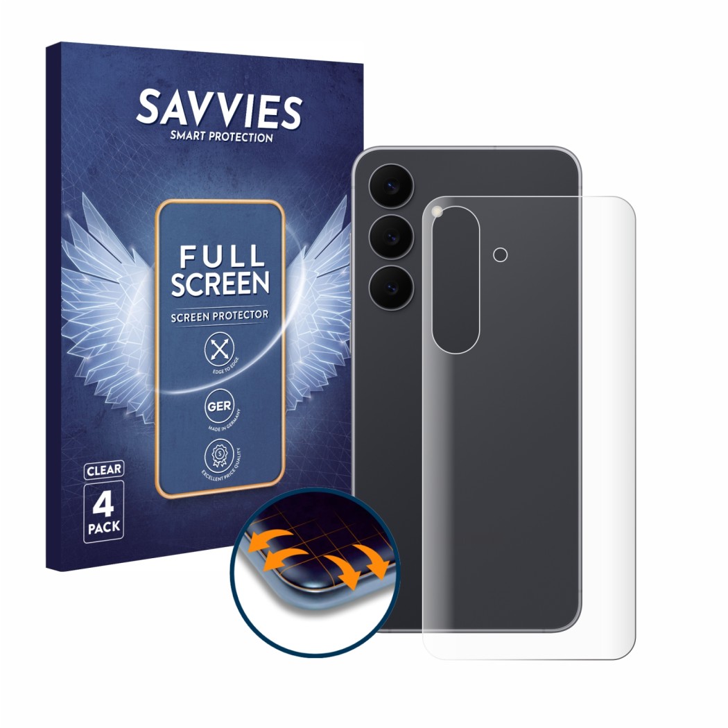 Vorderseite einer Produktverpackung mit dem Markenlogo Savvies. Daneben ist das Gerät Samsung Galaxy S25 FE (Rückseite) mit de