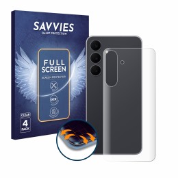 Vorderseite einer Produktverpackung mit dem Markenlogo Savvies. Daneben ist das Gerät Samsung Galaxy S25 FE (Rückseite) mit de