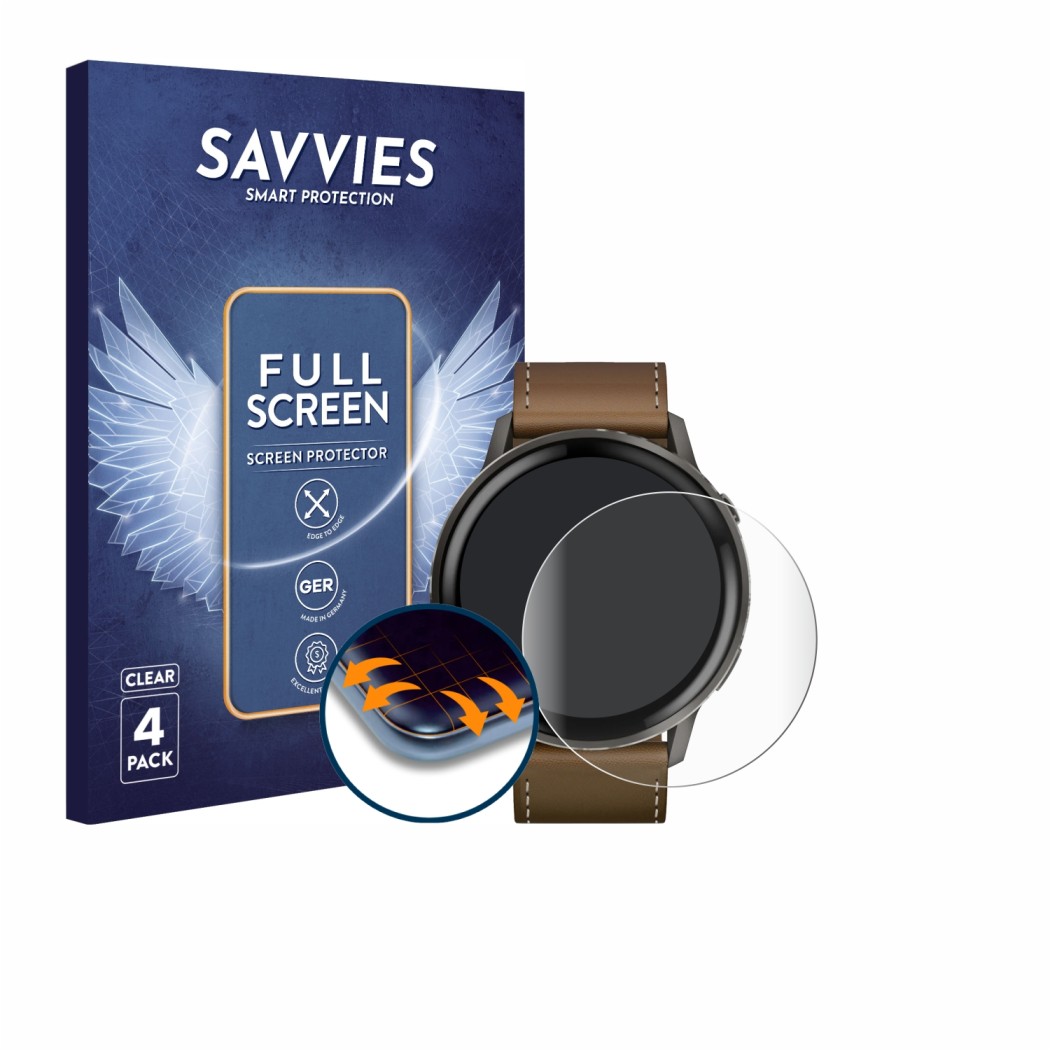 Parte frontal de un envase de producto con el logotipo de la marca Savvies. Al lado se muestra el dispositivo Garmin Venu 4 (4