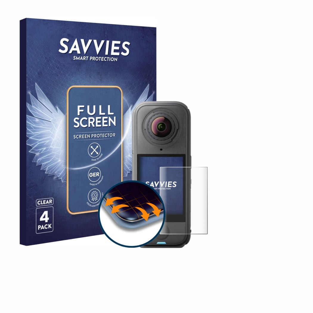 Face avant d’un emballage produit avec le logo de la marque Savvies. À côté, l’appareil Insta360 X4 Air est représenté avec la