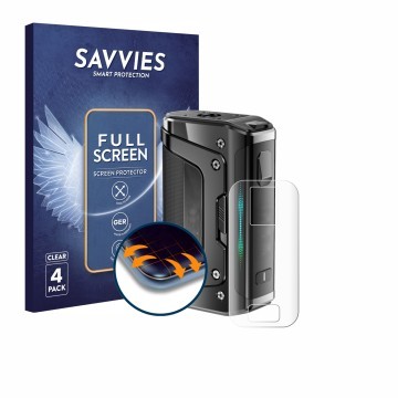 Face avant d’un emballage produit avec le logo de la marque Savvies. À côté, l’appareil GeekVape Aegis Legend 5 est représenté