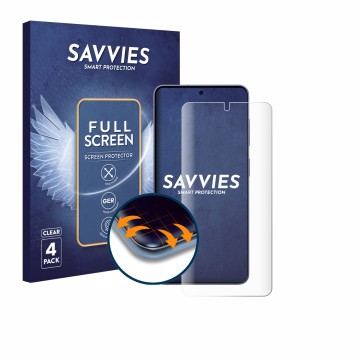 Front side of a product packaging with the brand logo Savvies. Next to it is the device Samsung Galaxy S26 shown with the corr
