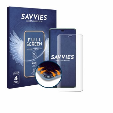 Vorderseite einer Produktverpackung mit dem Markenlogo Savvies. Daneben ist das Gerät Huawei Enjoy 70X Energy mit dem zugehöri
