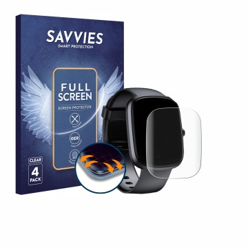 Face avant d’un emballage produit avec le logo de la marque Savvies. À côté, l’appareil Oukitel Smartwatch 1.91