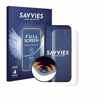 Front side of a product packaging with the brand logo Savvies. Next to it is the device Xiaomi Poco X8 Pro shown with the corr