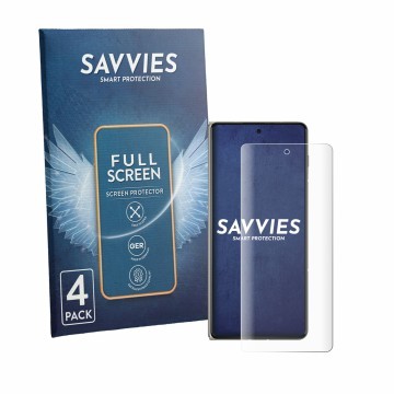 Parte frontal de un envase de producto con el logotipo de la marca Savvies. Al lado se muestra el dispositivo Motorola Razr Fo