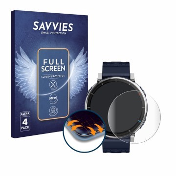 Face avant d’un emballage produit avec le logo de la marque Savvies. À côté, l’appareil Amazfit Active 3 Premium est représent