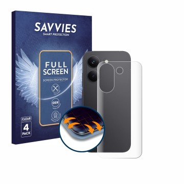 Front side of a product packaging with the brand logo Savvies. Next to it is the device Xiaomi Poco X8 Pro (Back) shown with t