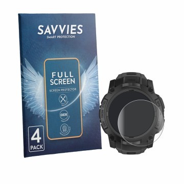 Parte frontal de un envase de producto con el logotipo de la marca Savvies. Al lado se muestra el dispositivo Garmin Instinct 