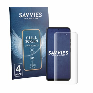 Vorderseite einer Produktverpackung mit dem Markenlogo Savvies. Daneben ist das Gerät Motorola Moto G47 mit dem zugehörigen Di