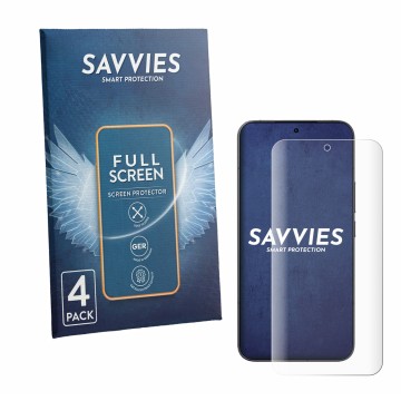 Vorderseite einer Produktverpackung mit dem Markenlogo Savvies. Daneben ist das Gerät Xiaomi 17T Pro mit dem zugehörigen Displ