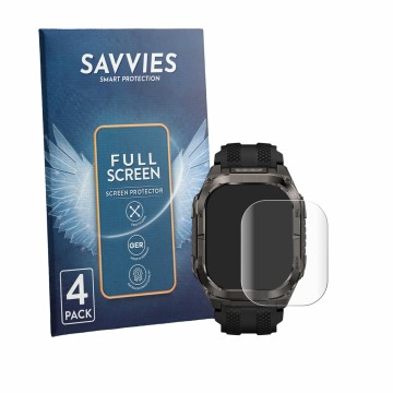 Vorderseite einer Produktverpackung mit dem Markenlogo Savvies. Daneben ist das Gerät Kospet Tank M4C mit dem zugehörigen Disp
