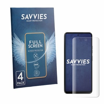Vorderseite einer Produktverpackung mit dem Markenlogo Savvies. Daneben ist das Gerät Motorola Moto G37 mit dem zugehörigen Di