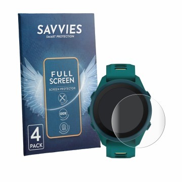 Vorderseite einer Produktverpackung mit dem Markenlogo Savvies. Daneben ist das Gerät Garmin Forerunner 170 Music mit dem zuge