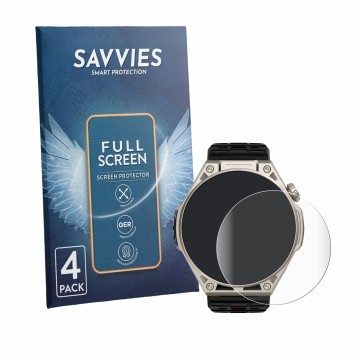 Face avant d’un emballage produit avec le logo de la marque Savvies. À côté, l’appareil Amazfit Balance Ultra est représenté a
