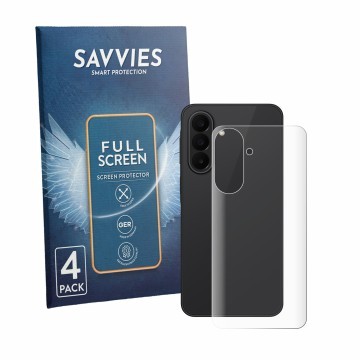 Face avant d’un emballage produit avec le logo de la marque Savvies. À côté, l’appareil Samsung Galaxy A27 5G (Arrière) est re