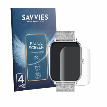 Face avant d’un emballage produit avec le logo de la marque Savvies. À côté, l’appareil Betatree Smartwatch 1.85