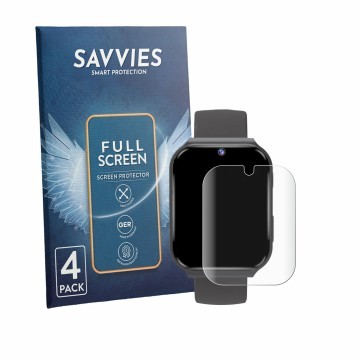 Parte frontal de un envase de producto con el logotipo de la marca Savvies. Al lado se muestra el dispositivo pmstuy Kids Smar