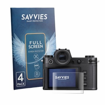 Parte frontal de un envase de producto con el logotipo de la marca Savvies. Al lado se muestra el dispositivo Leica SL3-P con 