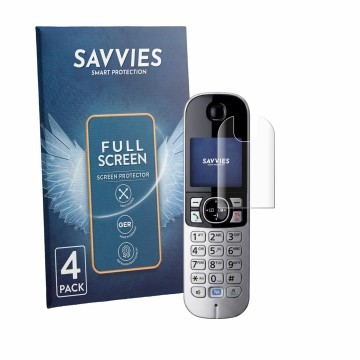 Face avant d’un emballage produit avec le logo de la marque Savvies. À côté, l’appareil Panasonic KX-TG6823 est représenté ave
