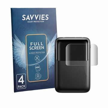 Parte frontal de un envase de producto con el logotipo de la marca Savvies. Al lado se muestra el dispositivo INIU Cougar P63-