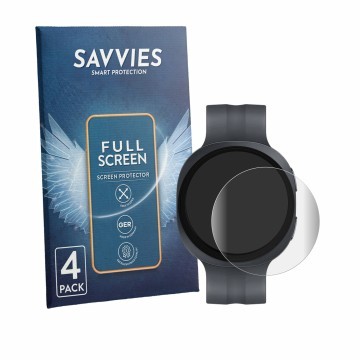 Face avant d’un emballage produit avec le logo de la marque Savvies. À côté, l’appareil Samsung Galaxy Watch 9 (44 mm) est rep