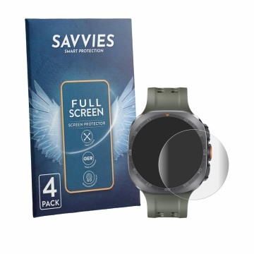 Front side of a product packaging with the brand logo Savvies. Next to it is the device Samsung Galaxy Watch Ultra 2 (47 mm) s