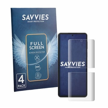 Parte frontal de un envase de producto con el logotipo de la marca Savvies. Al lado se muestra el dispositivo Samsung Galaxy Z