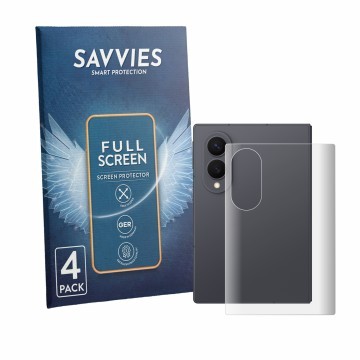 Parte frontal de un envase de producto con el logotipo de la marca Savvies. Al lado se muestra el dispositivo Samsung Galaxy Z