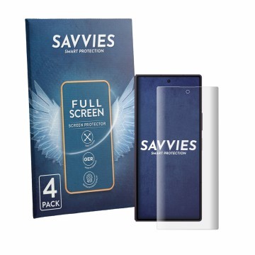 Parte frontal de un envase de producto con el logotipo de la marca Savvies. Al lado se muestra el dispositivo Samsung Galaxy Z