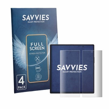Parte frontal de un envase de producto con el logotipo de la marca Savvies. Al lado se muestra el dispositivo Samsung Galaxy Z