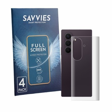 Parte frontal de un envase de producto con el logotipo de la marca Savvies. Al lado se muestra el dispositivo Samsung Galaxy Z