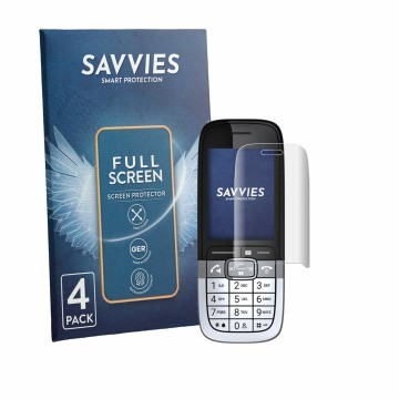 Vorderseite einer Produktverpackung mit dem Markenlogo Savvies. Daneben ist das Gerät Mitel OpenScape DECT Phone SL7 mit dem z