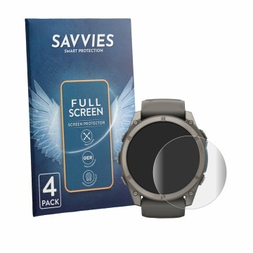 Vorderseite einer Produktverpackung mit dem Markenlogo Savvies. Daneben ist das Gerät Garmin Fenix 9 (51 mm) mit dem zugehörig