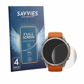 Front side of a product packaging with the brand logo Savvies. Next to it is the device Garmin Fenix 9 Pro (51 mm) shown with 