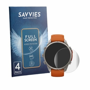 Face avant d’un emballage produit avec le logo de la marque Savvies. À côté, l’appareil Garmin Fenix 9 Pro (47 mm) est représe