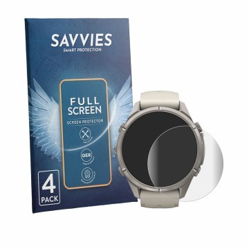 Vorderseite einer Produktverpackung mit dem Markenlogo Savvies. Daneben ist das Gerät Garmin Fenix 9 Pro (43 mm) mit dem zugeh