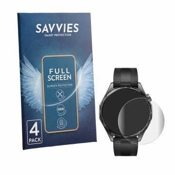 Vorderseite einer Produktverpackung mit dem Markenlogo Savvies. Daneben ist das Gerät Huawei Watch GT 7 (46 mm) mit dem zugehö