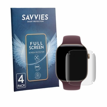 Face avant d’un emballage produit avec le logo de la marque Savvies. À côté, l’appareil Apple Watch Series 12 (46 mm) est repr