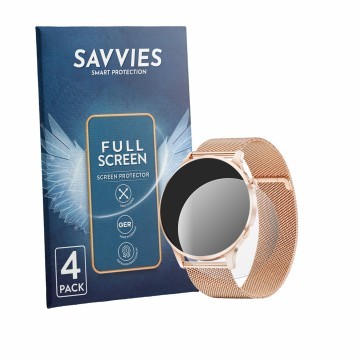 Vorderseite einer Produktverpackung mit dem Markenlogo Savvies. Daneben ist das Gerät HIRREO Smartwatch 1.32
