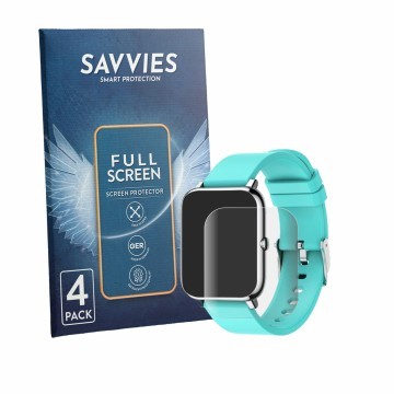 Vorderseite einer Produktverpackung mit dem Markenlogo Savvies. Daneben ist das Gerät Mopuea Smartwatch 1.4
