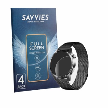 Vorderseite einer Produktverpackung mit dem Markenlogo Savvies. Daneben ist das Gerät Mopuea Smartwatch 1.55