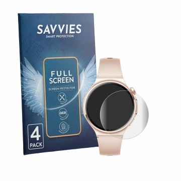 Parte frontal de un envase de producto con el logotipo de la marca Savvies. Al lado se muestra el dispositivo Huawei Watch 6 4
