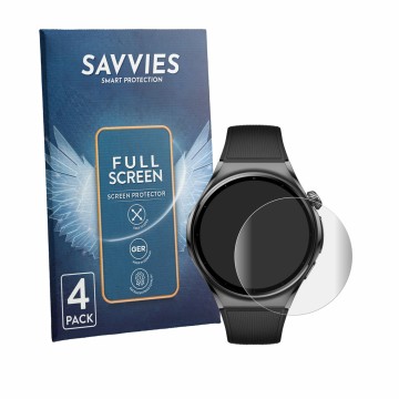 Vorderseite einer Produktverpackung mit dem Markenlogo Savvies. Daneben ist das Gerät Huawei Watch 6 46 mm mit dem zugehörigen